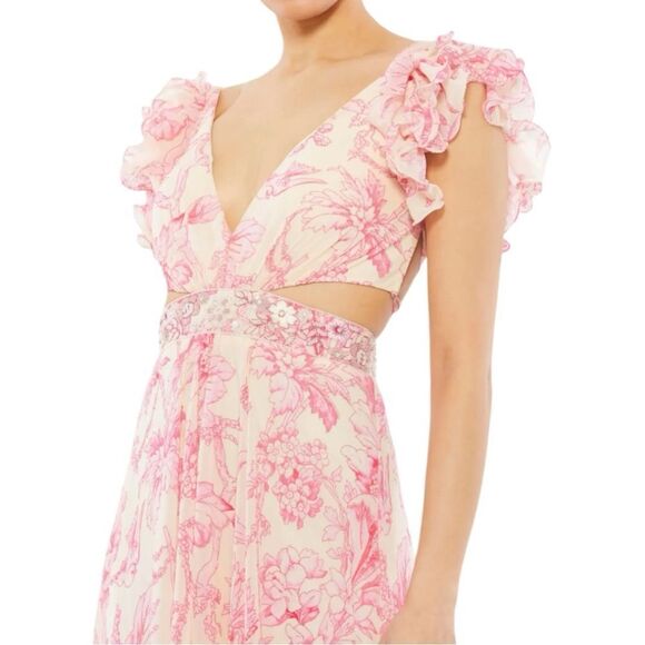 NWT MAC DUGGAL Pink Floral Printed Ruffle Shoulder Lace Up Gown Size 2 - Picture 2 of 9